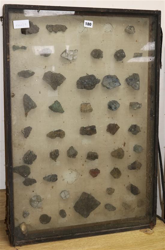 A glazed case of mineral samples